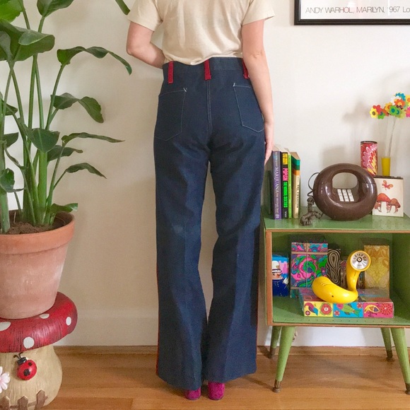 Vintage 60s red color block flares unisex jeans - Picture 3 of 5